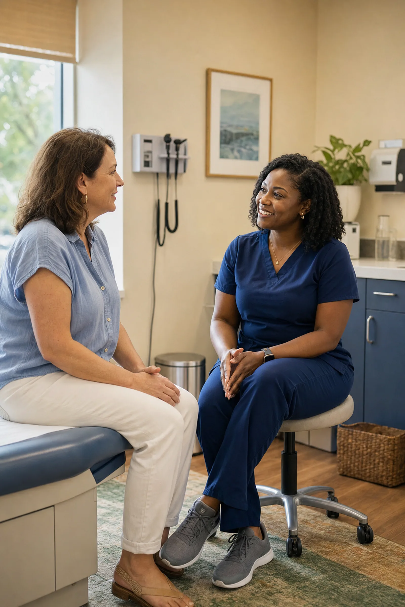 An adult patient having a preventive-care conversation with a nurse practitioner
