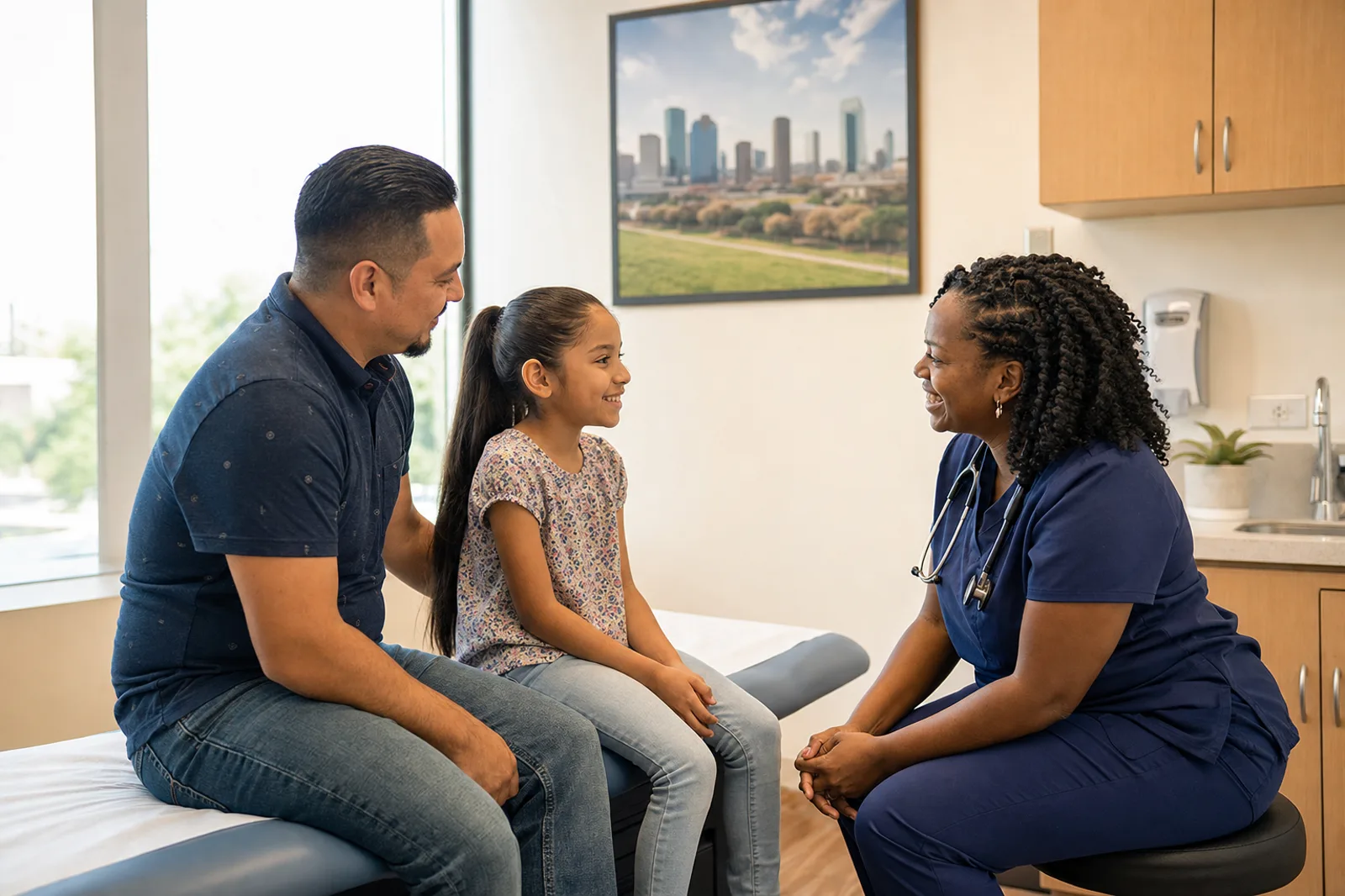 A father and his daughter talking with a nurse practitioner during a pediatric checkup