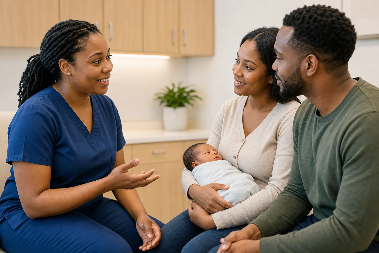 A nurse practitioner in navy scrubs talking with two new parents who are holding their swaddled infant