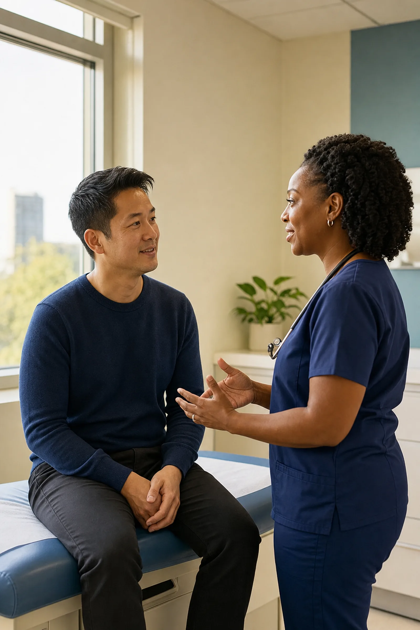 An adult patient speaking with a nurse practitioner during a same-day visit